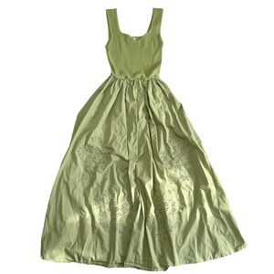 Moon River Green Mixed Media Midi Dress Eyelet Cotton Skirt Small